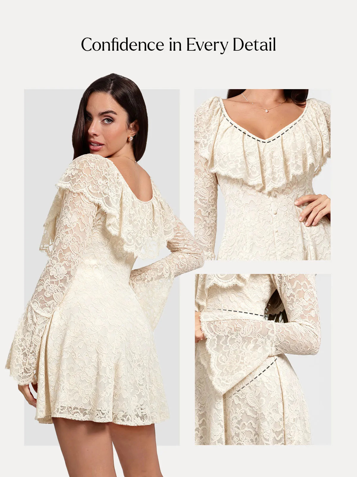 Deep V Ruffle Lace Long Sleeve Shaping Dress
