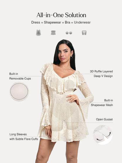 Deep V Ruffle Lace Long Sleeve Shaping Dress