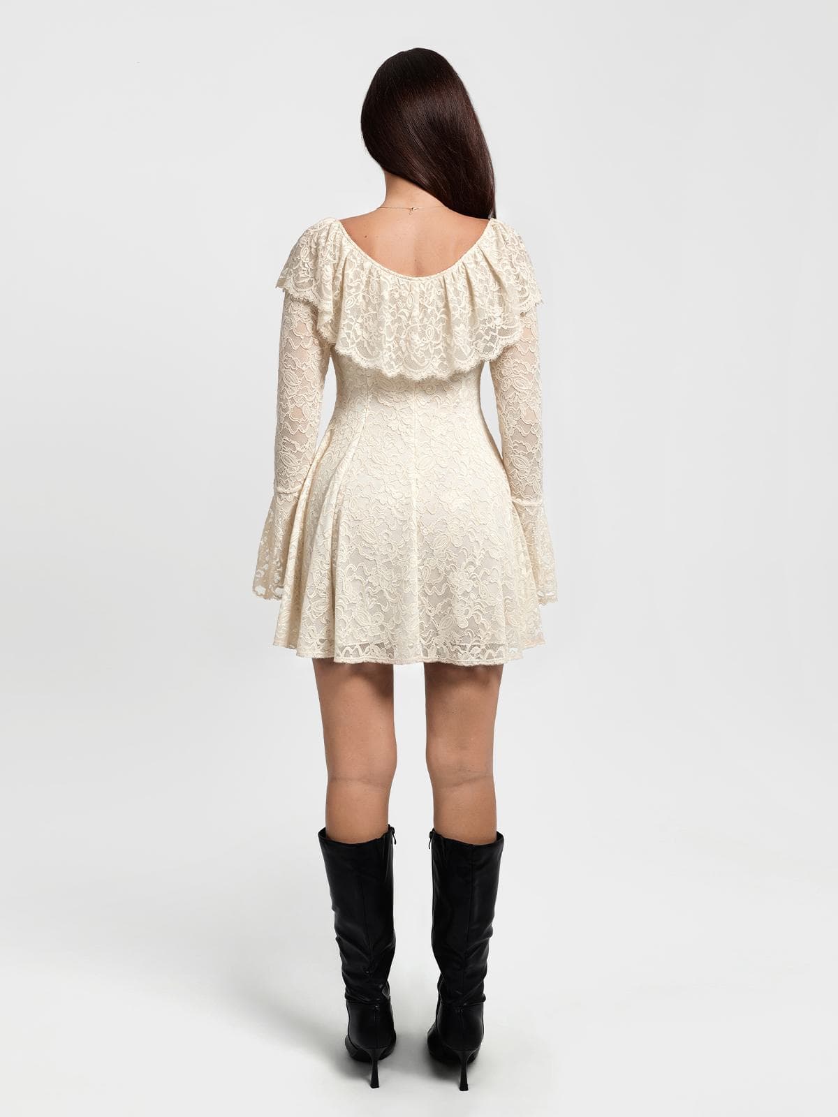 Deep V Ruffle Lace Long Sleeve Shaping Dress