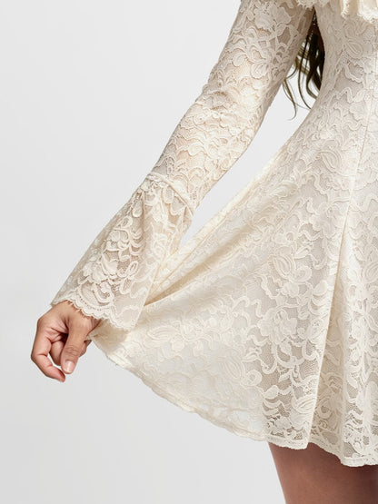 Deep V Ruffle Lace Long Sleeve Shaping Dress