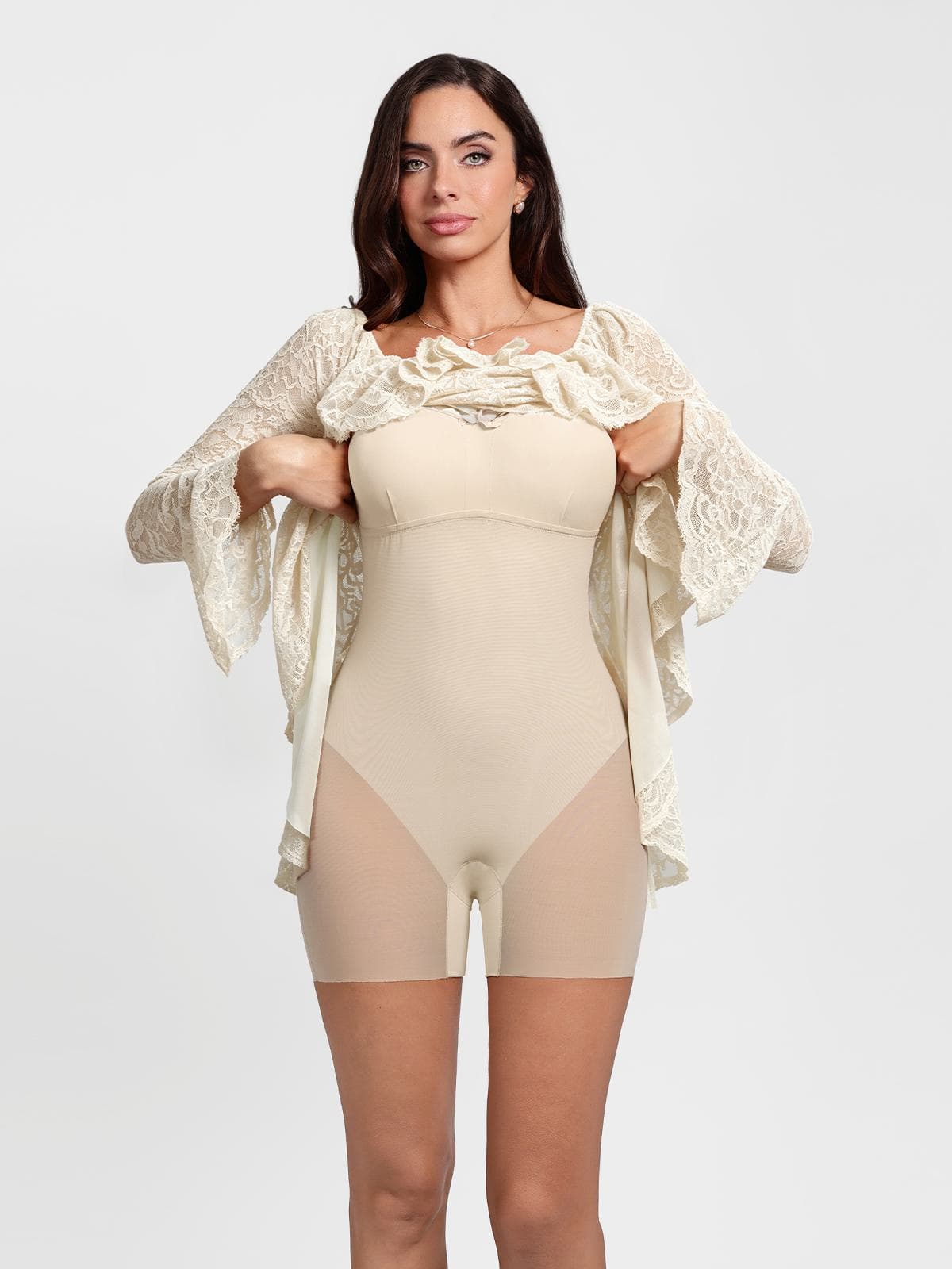 Deep V Ruffle Lace Long Sleeve Shaping Dress