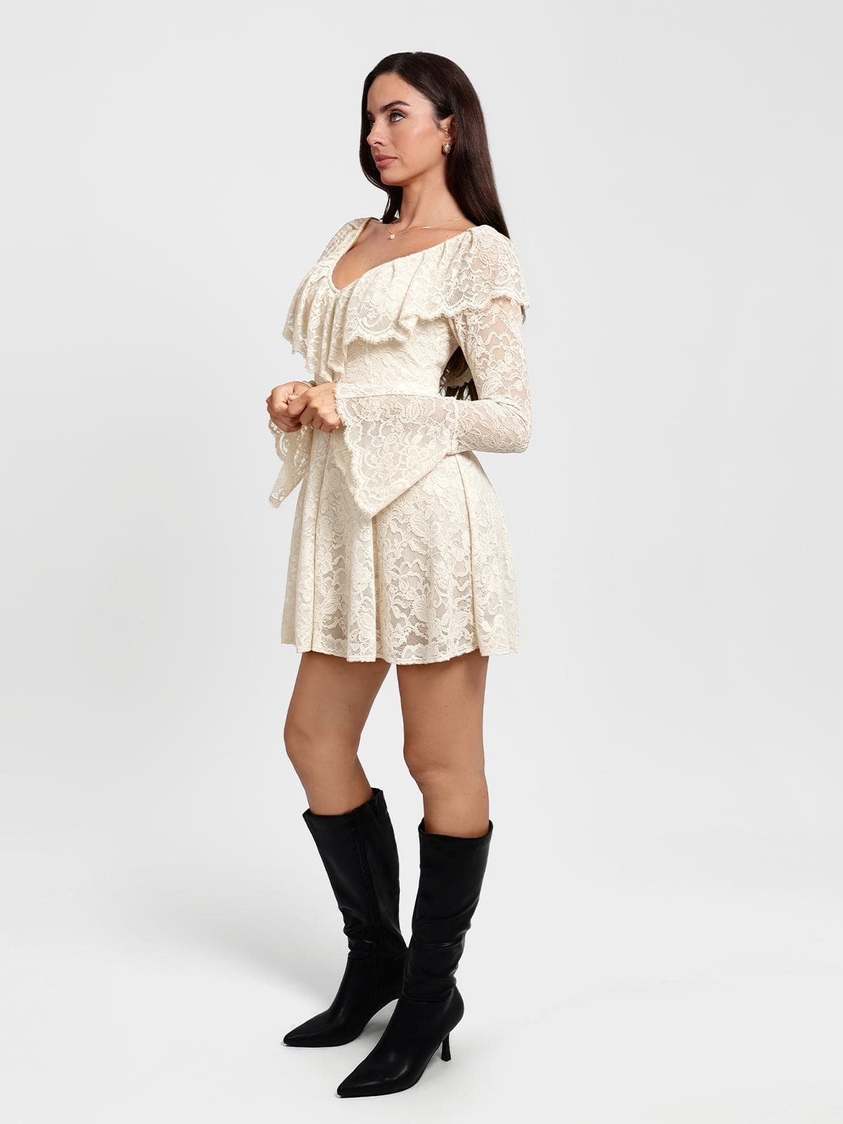 Deep V Ruffle Lace Long Sleeve Shaping Dress