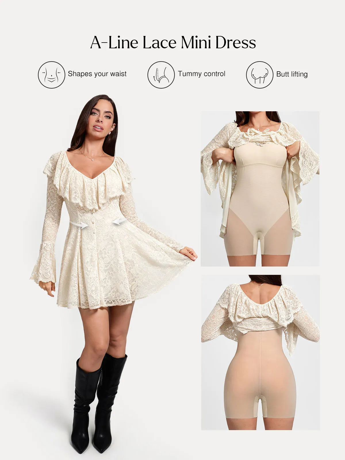 Deep V Ruffle Lace Long Sleeve Shaping Dress