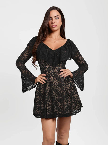 Deep V Ruffle Lace Long Sleeve Shaping Dress