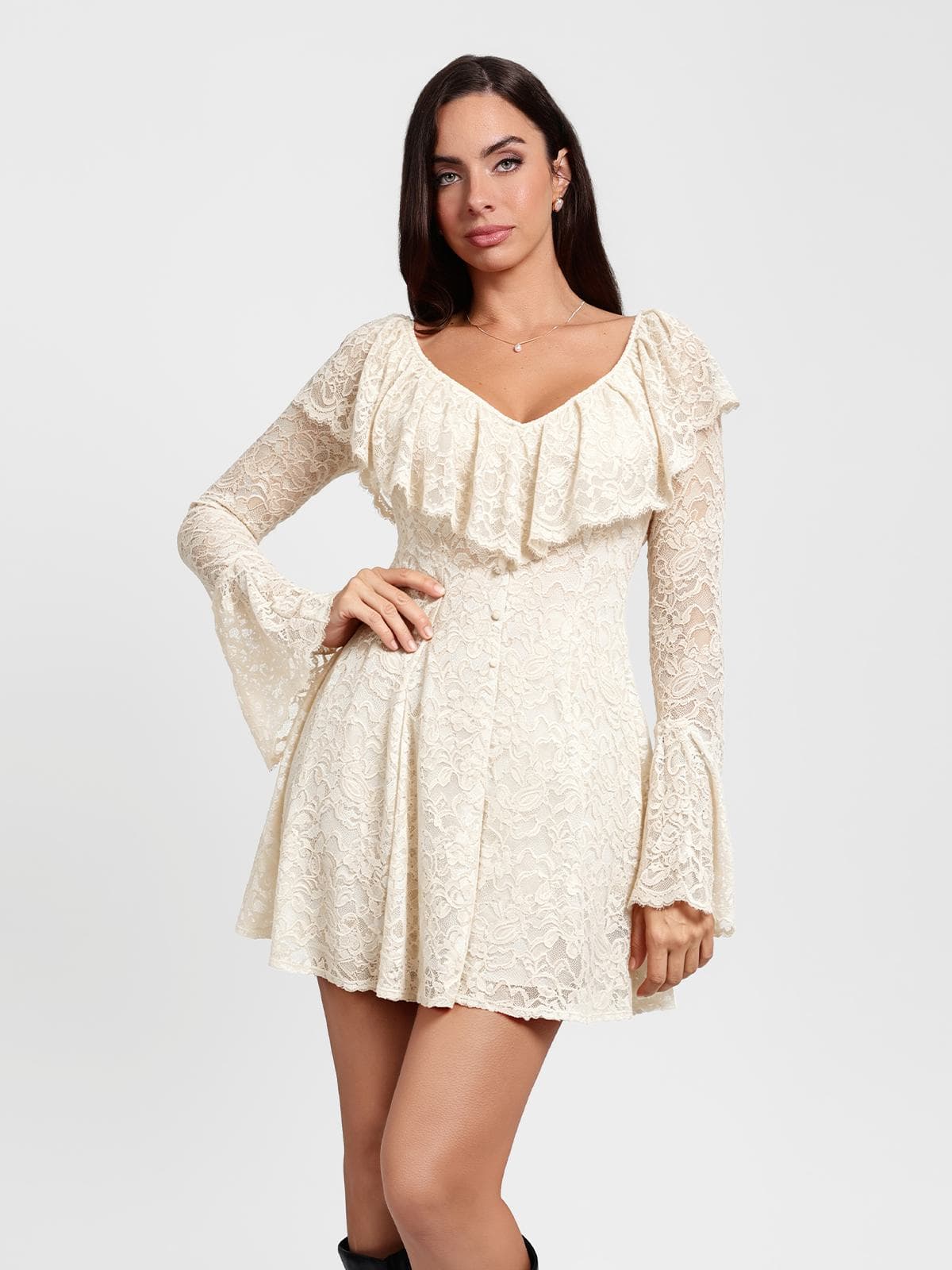 Deep V Ruffle Lace Long Sleeve Shaping Dress