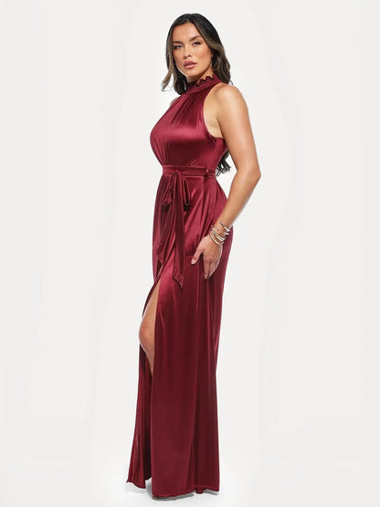 Floral-Print Draped High Neck Sculpting Maxi Dress