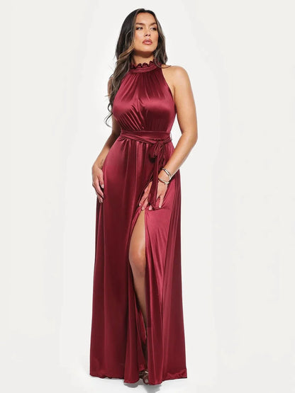 Floral-Print Draped High Neck Sculpting Maxi Dress