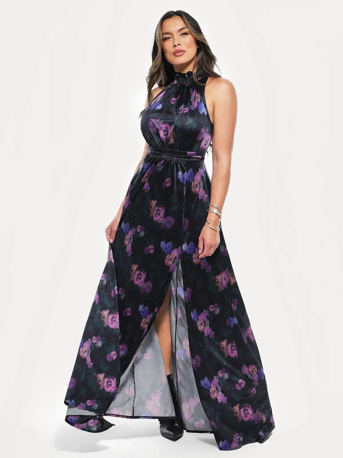 Floral-Print Draped High Neck Sculpting Maxi Dress