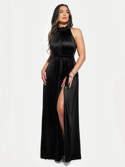 Draped High Neck Sculpting Floral-Print Maxi Dress