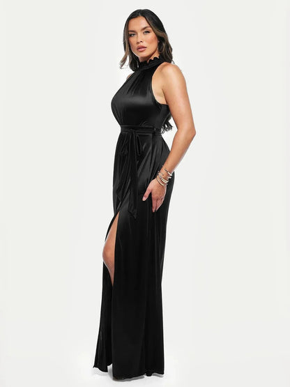 Floral-Print Draped High Neck Sculpting Maxi Dress