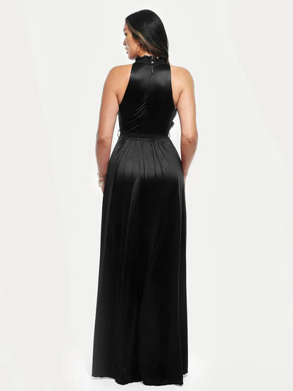Floral-Print Draped High Neck Sculpting Maxi Dress