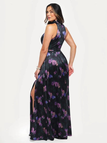 Floral-Print Draped High Neck Sculpting Maxi Dress