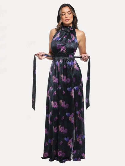 Floral-Print Draped High Neck Sculpting Maxi Dress