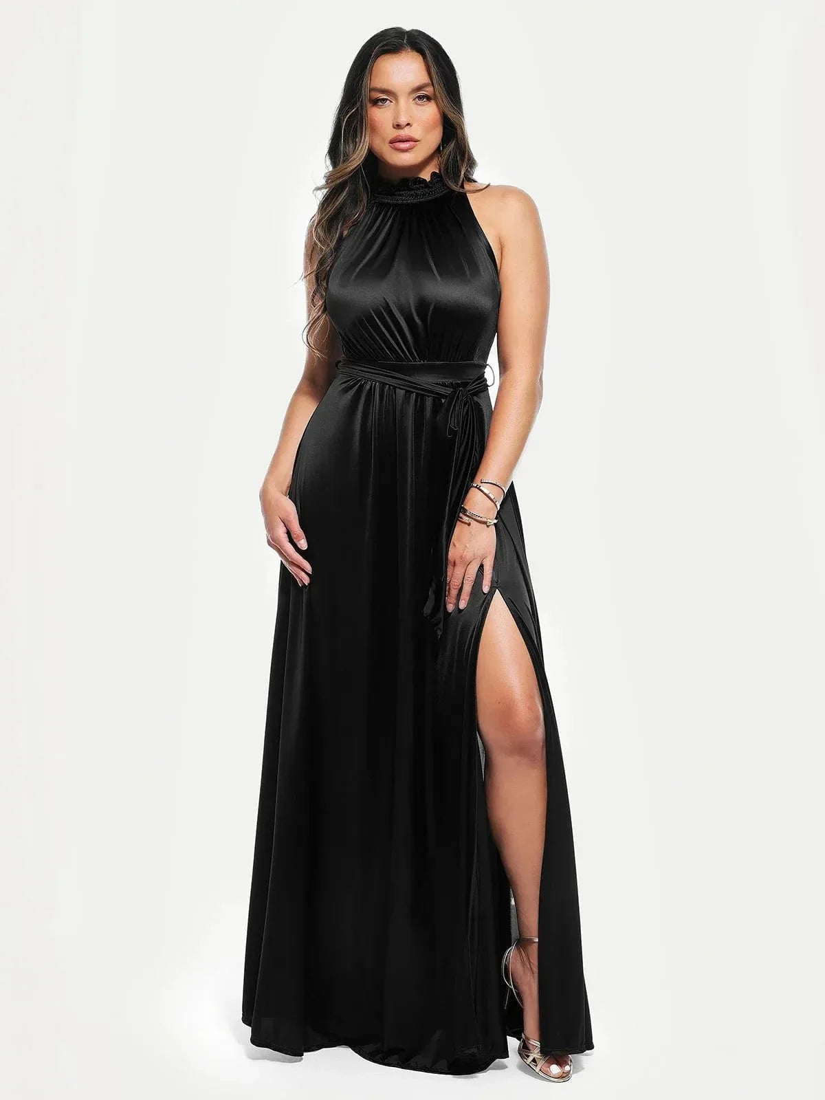 Draped High Neck Sculpting Floral-Print Maxi Dress