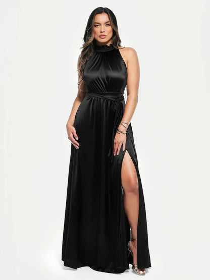 Floral-Print Draped High Neck Sculpting Maxi Dress