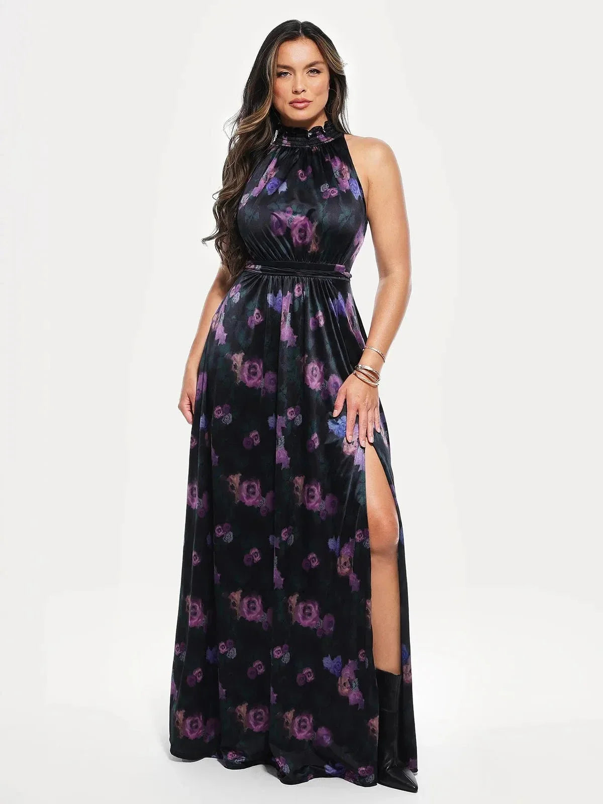 Floral-Print Draped High Neck Sculpting Maxi Dress