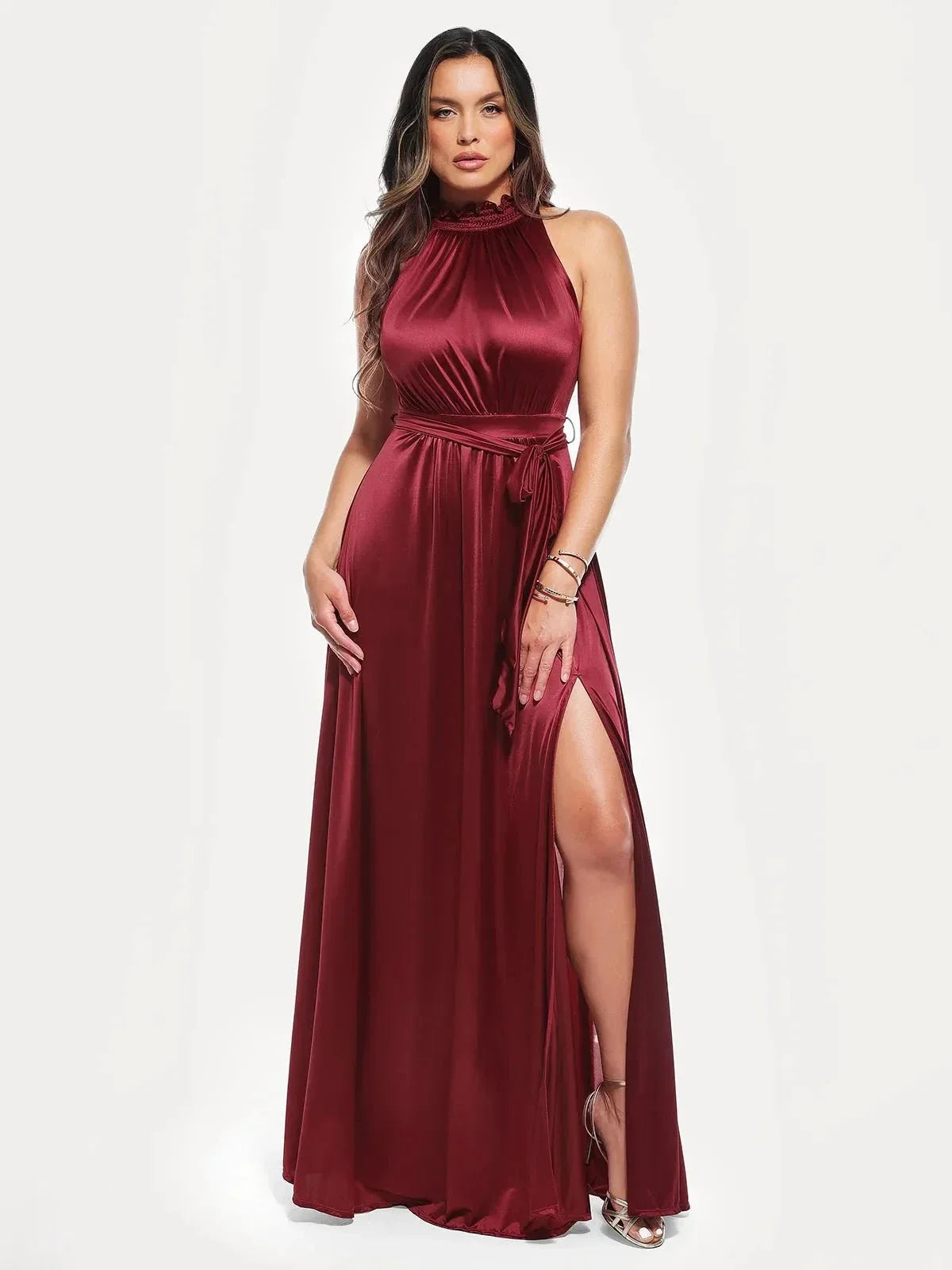 Floral-Print Draped High Neck Sculpting Maxi Dress