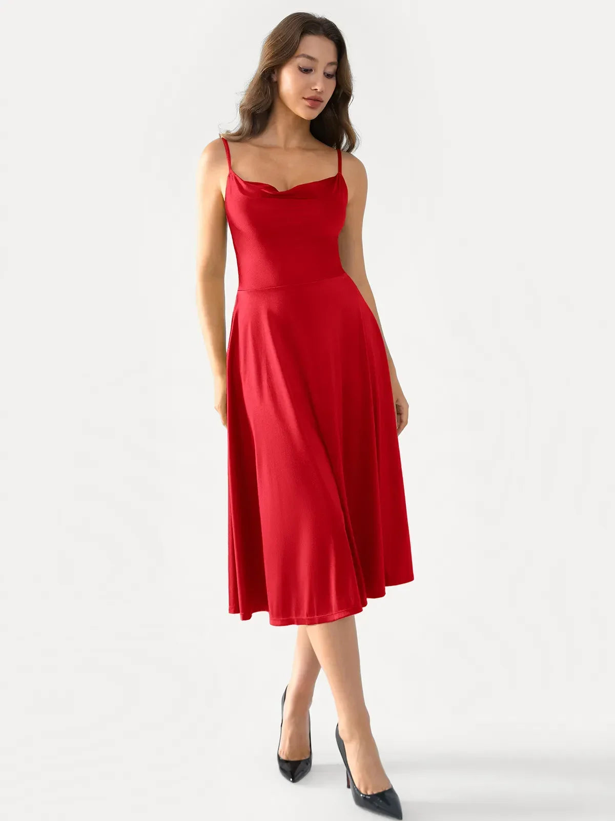 Shapewear Cowl Neck Strappy Fit & Flare Midi Dress
