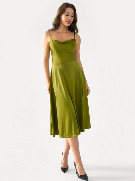 Shapewear Cowl Neck Strappy Fit & Flare Midi Dress