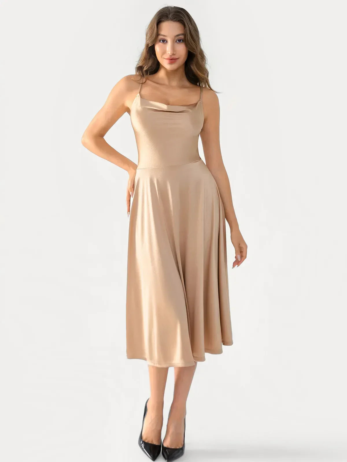 Shapewear Cowl Neck Strappy Fit & Flare Midi Dress