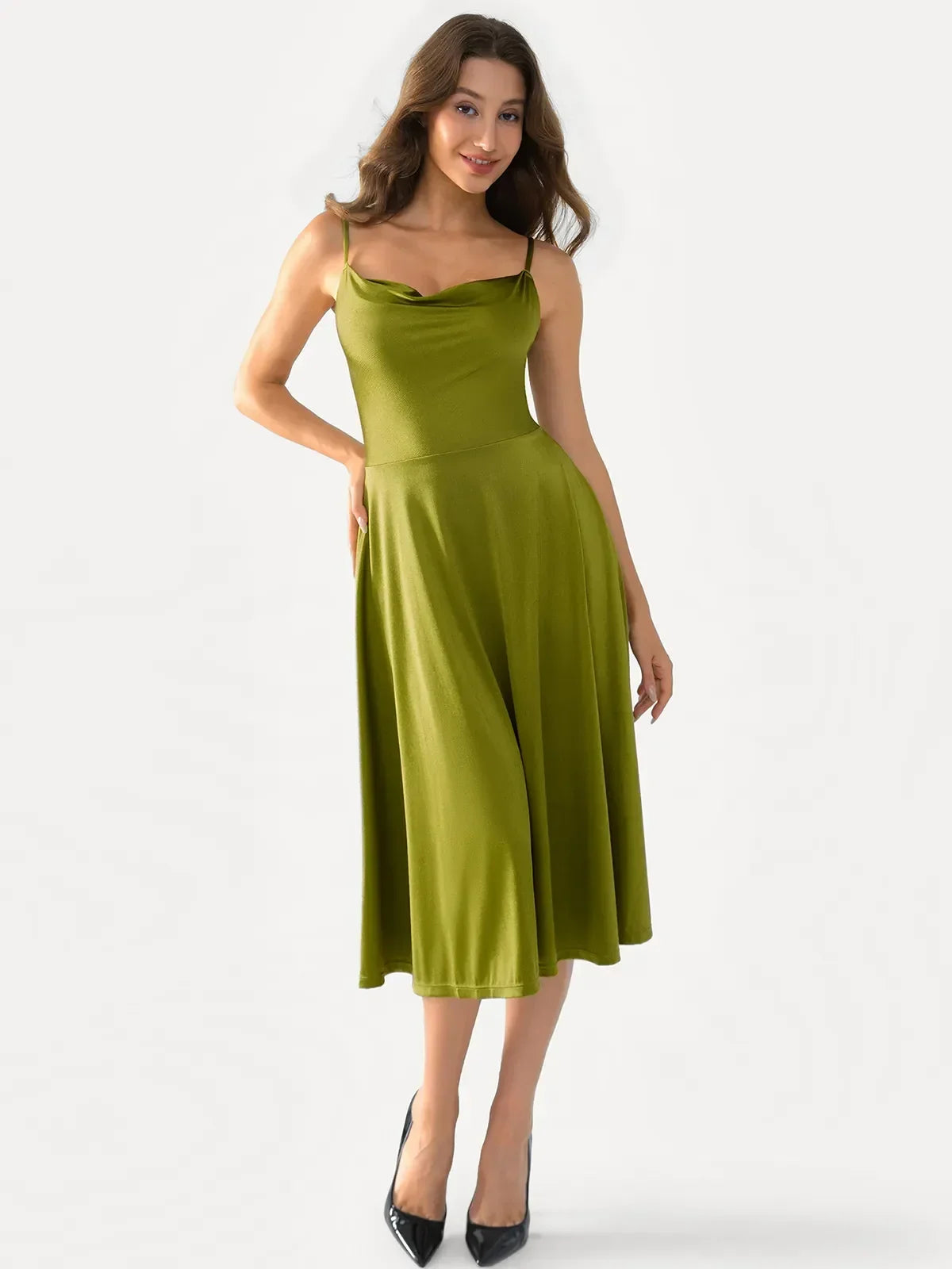 Shapewear Cowl Neck Strappy Fit & Flare Midi Dress
