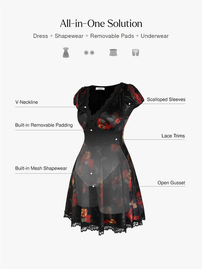 Lace Trim Sculpting Fit & Flare Mini Dress