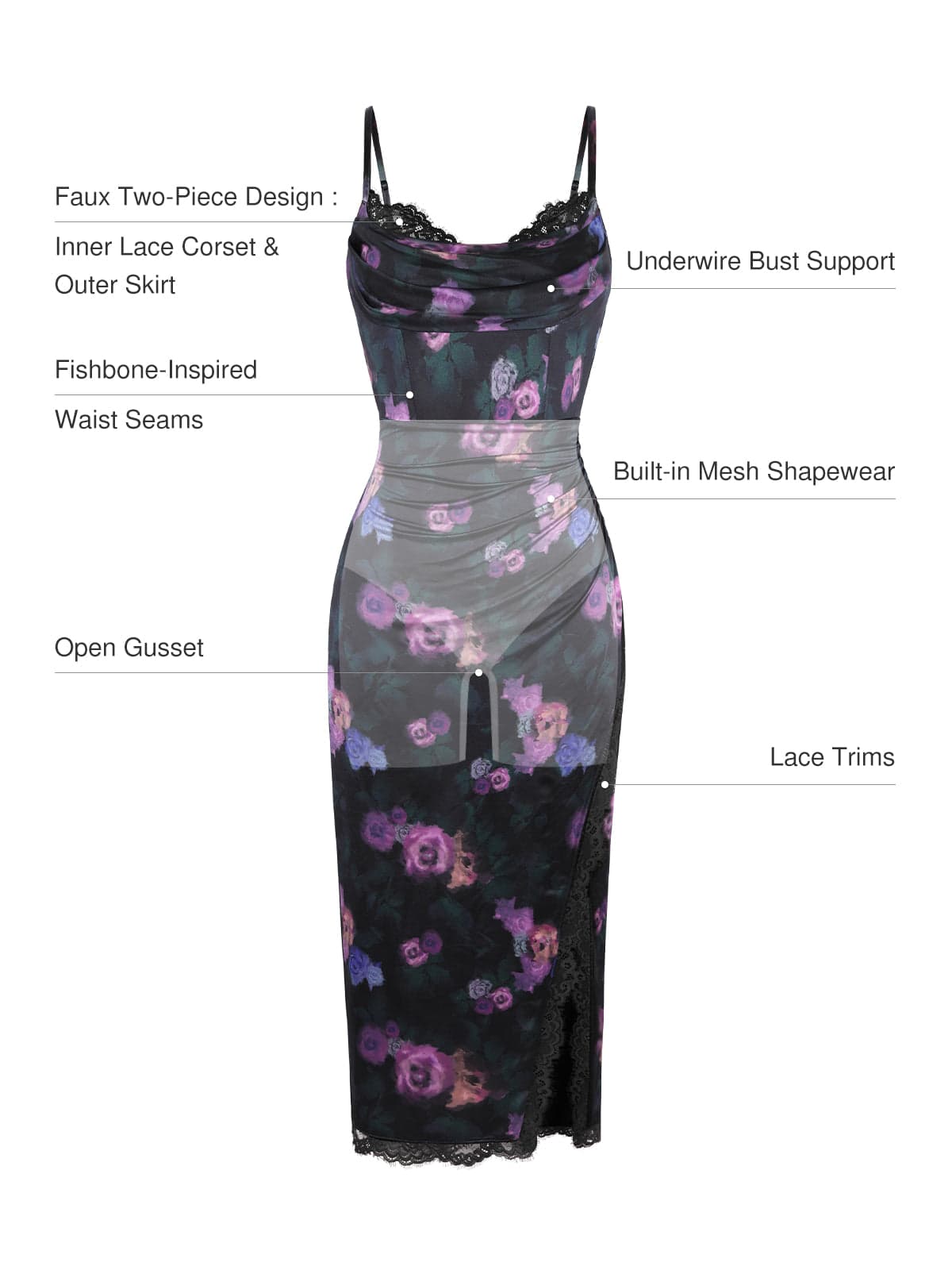 Lace Trim Sculpting Floral-Print Midi Dress
