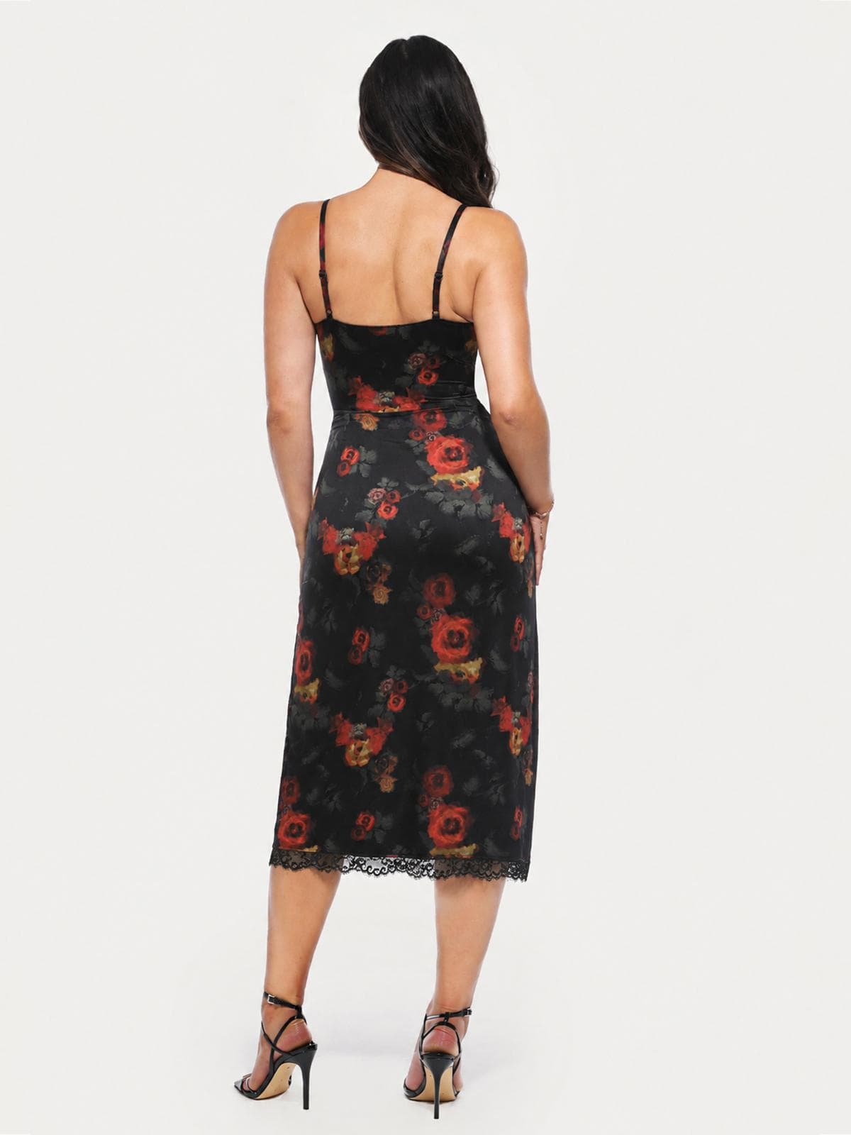 Lace Trim Sculpting Floral-Print Midi Dress