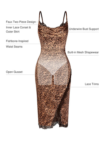 Lace Trim Sculpting Floral-Print Midi Dress