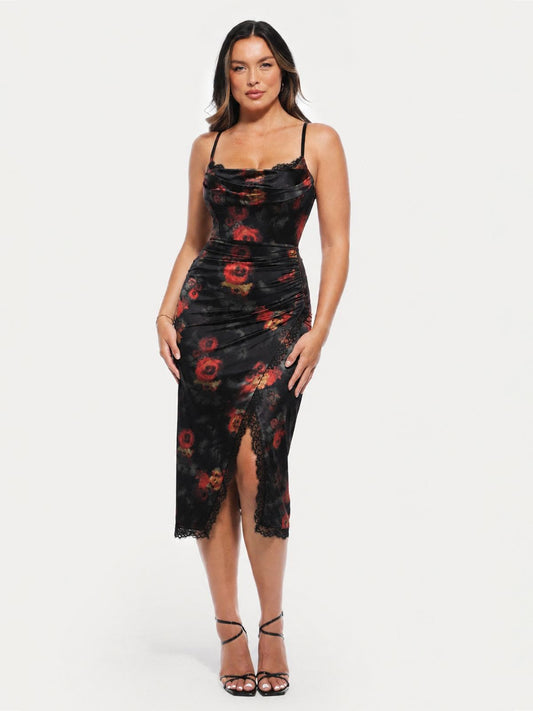 Lace Trim Sculpting Floral-Print Midi Dress