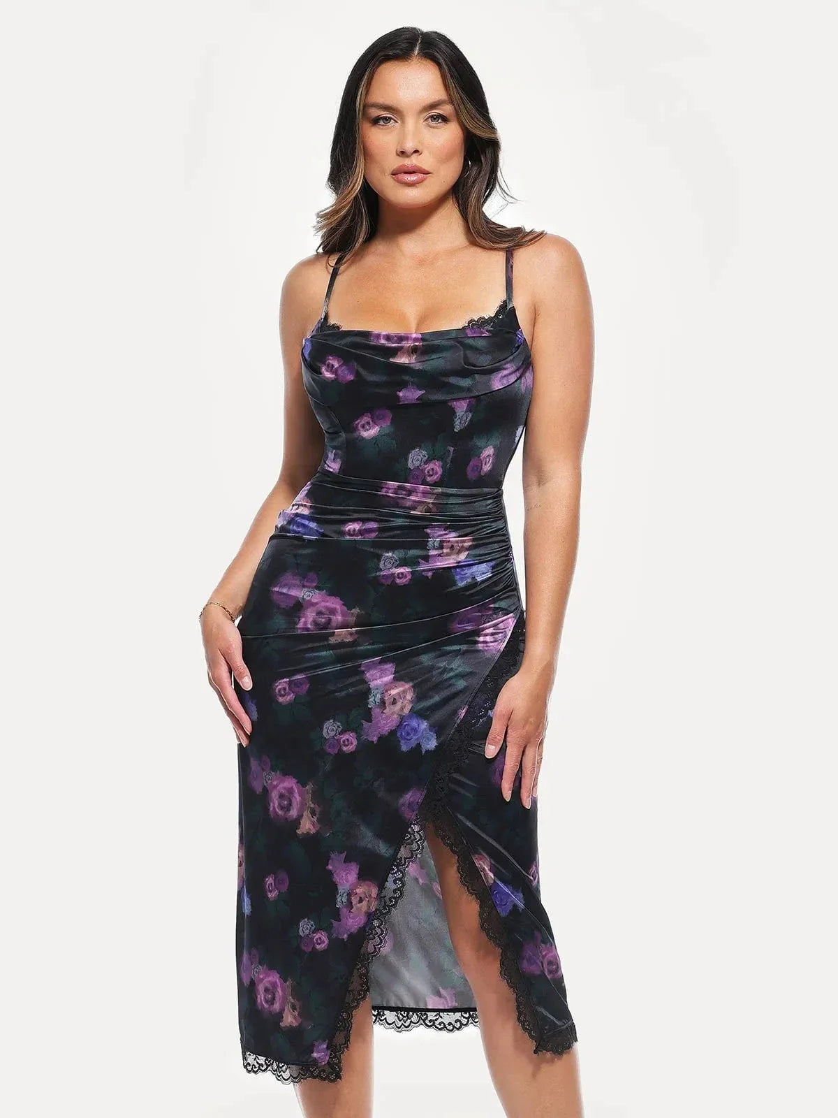 Lace Trim Sculpting Floral-Print Midi Dress