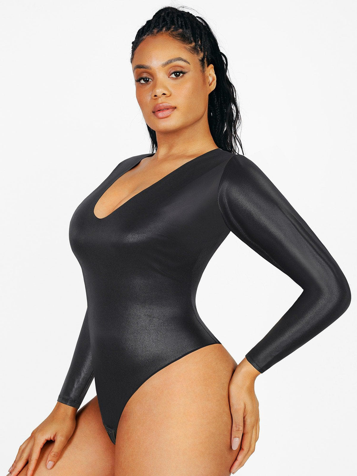 Shapewear Long Sleeve V-Neck Faux Leather Sculpting Bodysuit