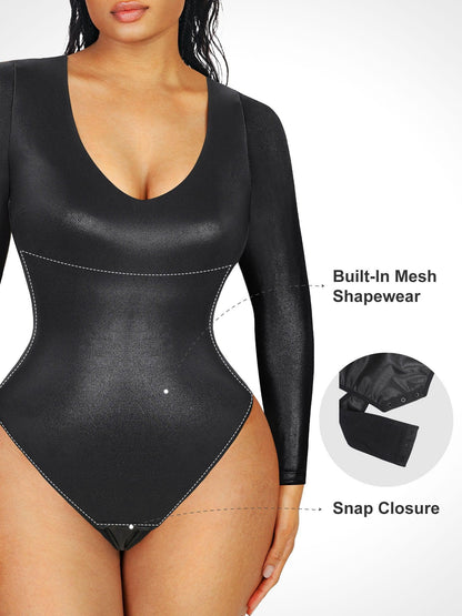 Shapewear Long Sleeve V-Neck Faux Leather Sculpting Bodysuit