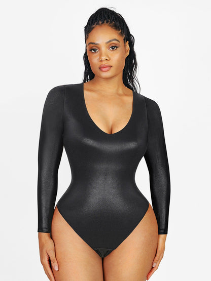 Shapewear Long Sleeve V-Neck Faux Leather Sculpting Bodysuit