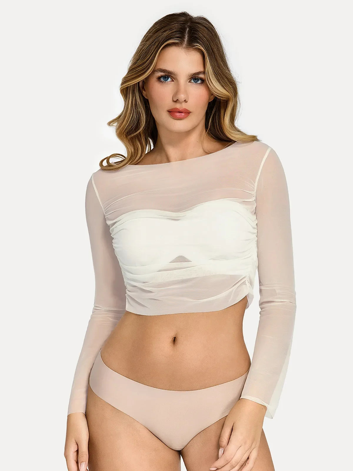 Long Sleeve Ruched Sheer Mesh Crop Top
