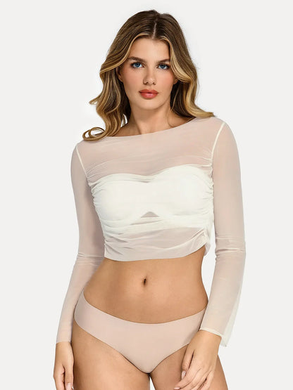 Long Sleeve Ruched Sheer Mesh Crop Top