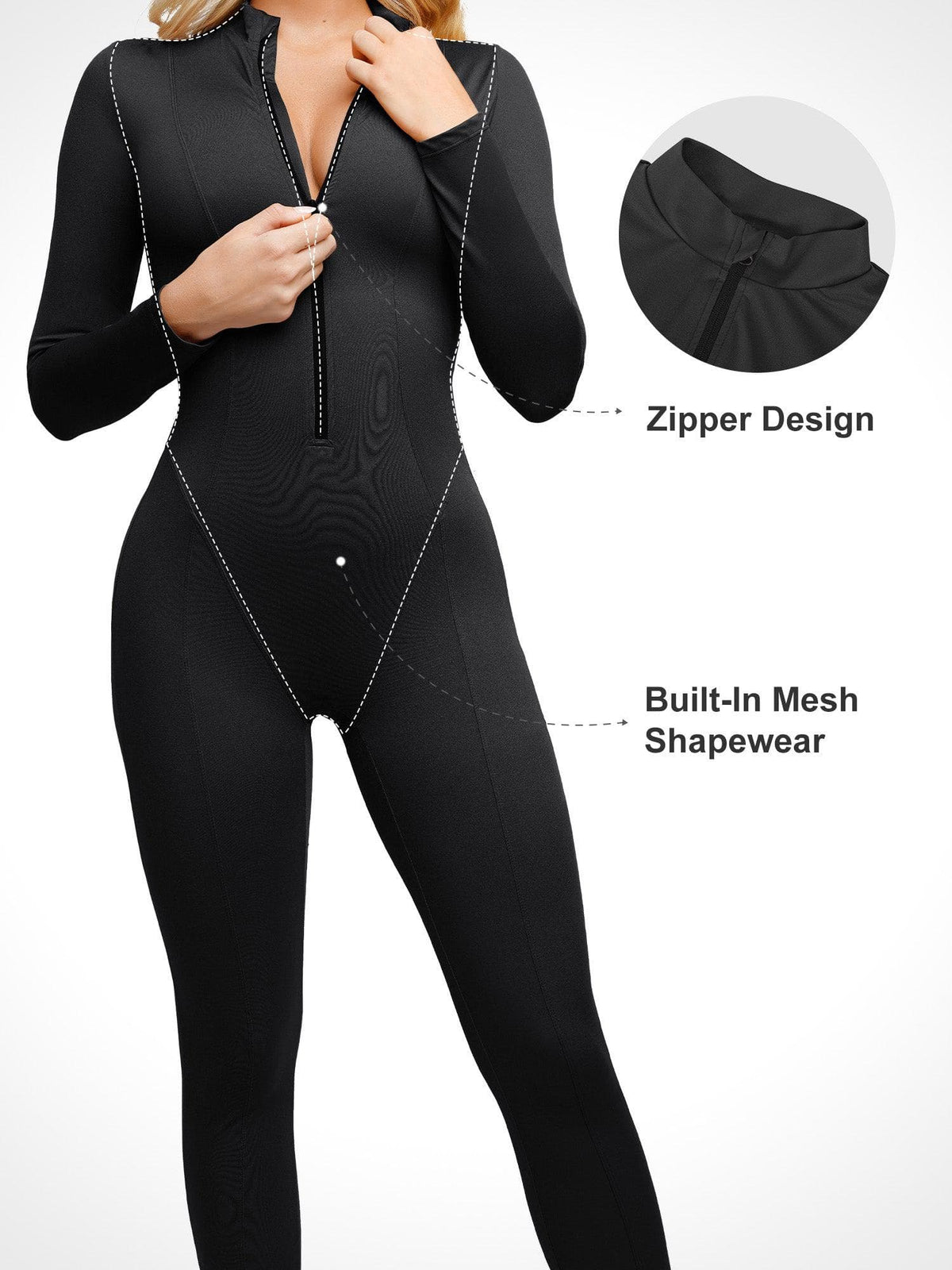 Shapewear Mock Neck Long Sleeve Zip Front Sculpting Jumpsuit
