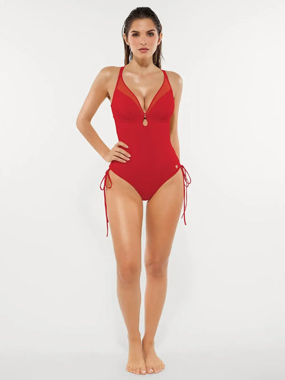 Shapewear Mesh Inset Tie-Side Sculpting One-Piece Swimsuit