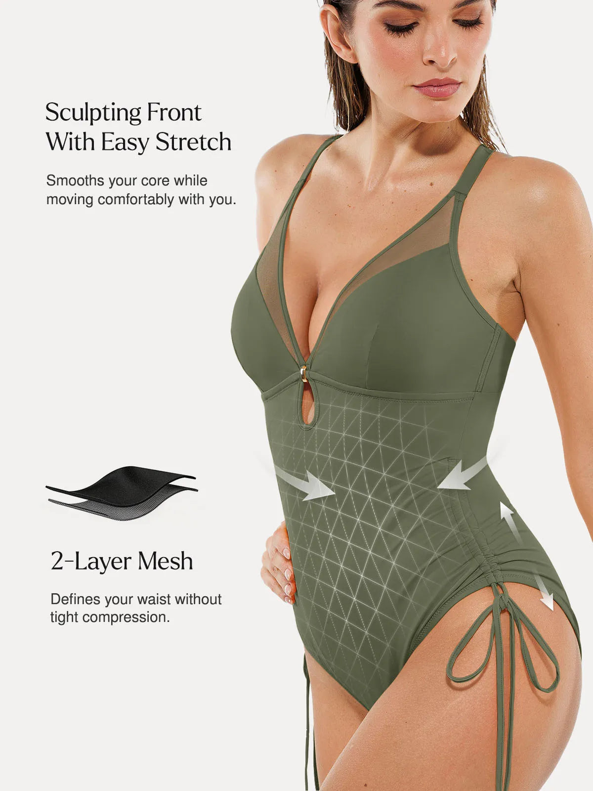 Shapewear Mesh Inset Tie-Side Sculpting One-Piece Swimsuit