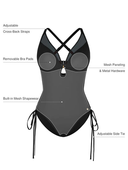 Shapewear Mesh Inset Tie-Side Sculpting One-Piece Swimsuit