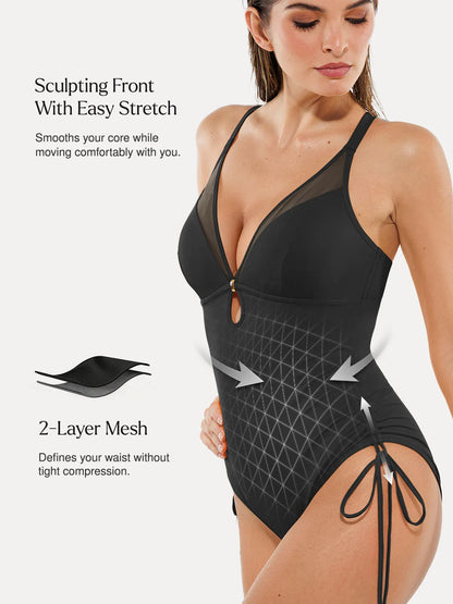 Mesh Inset Tie-Side Sculpting One-Piece Swimsuit