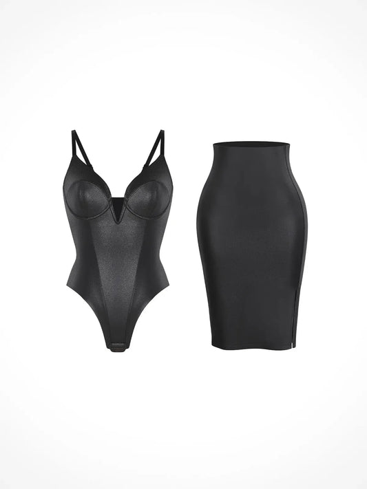 Shapewear Deep V-Neck Leather Bodysuit Slit Midi Skirt Set