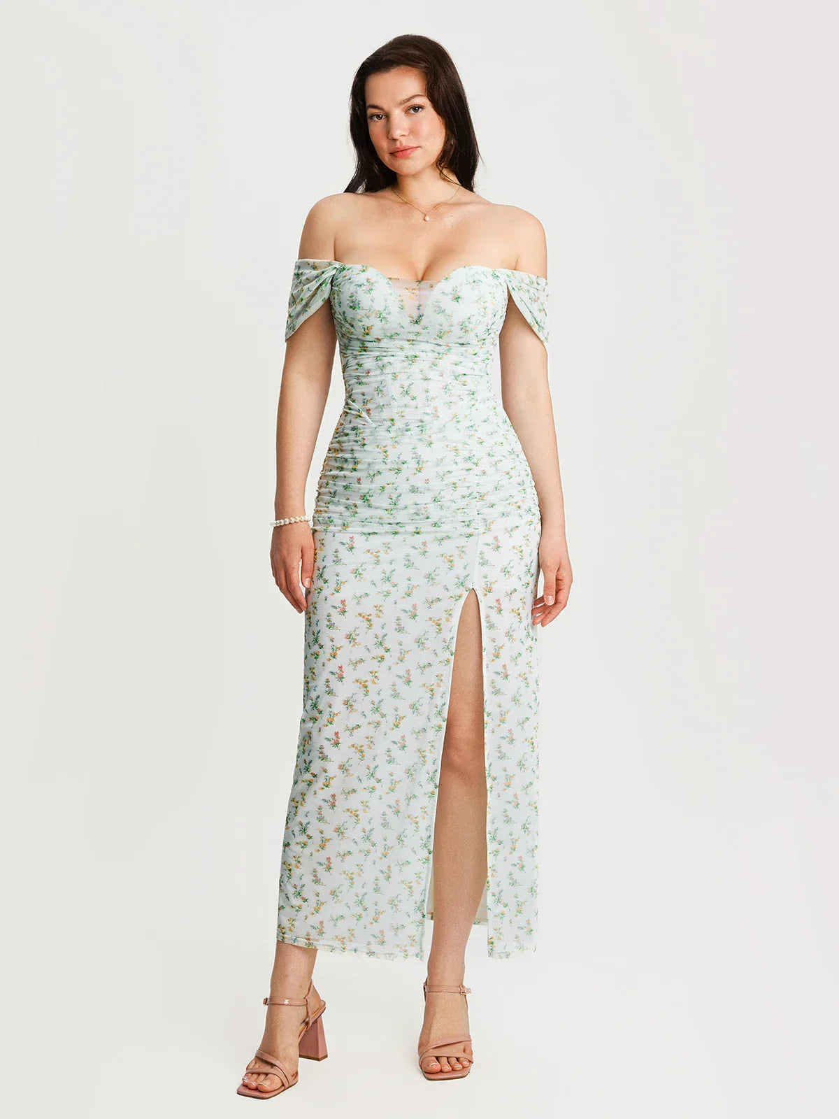 Off-The-Shoulder Sculpting Floral Print Maxi Dress