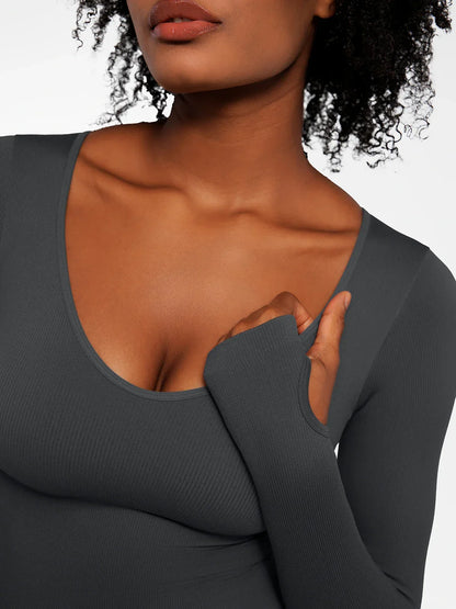 Popilush Ribbed U Neck Built-in Bra Tummy Control Jumpsuit