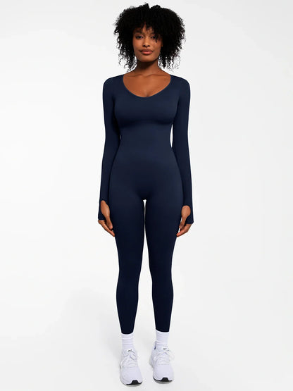 Popilush Ribbed U Neck Built-in Bra Tummy Control Jumpsuit
