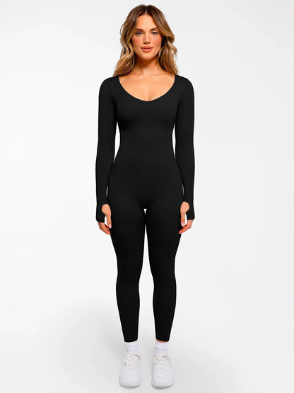 Popilush Ribbed U Neck Built-in Bra Tummy Control Jumpsuit