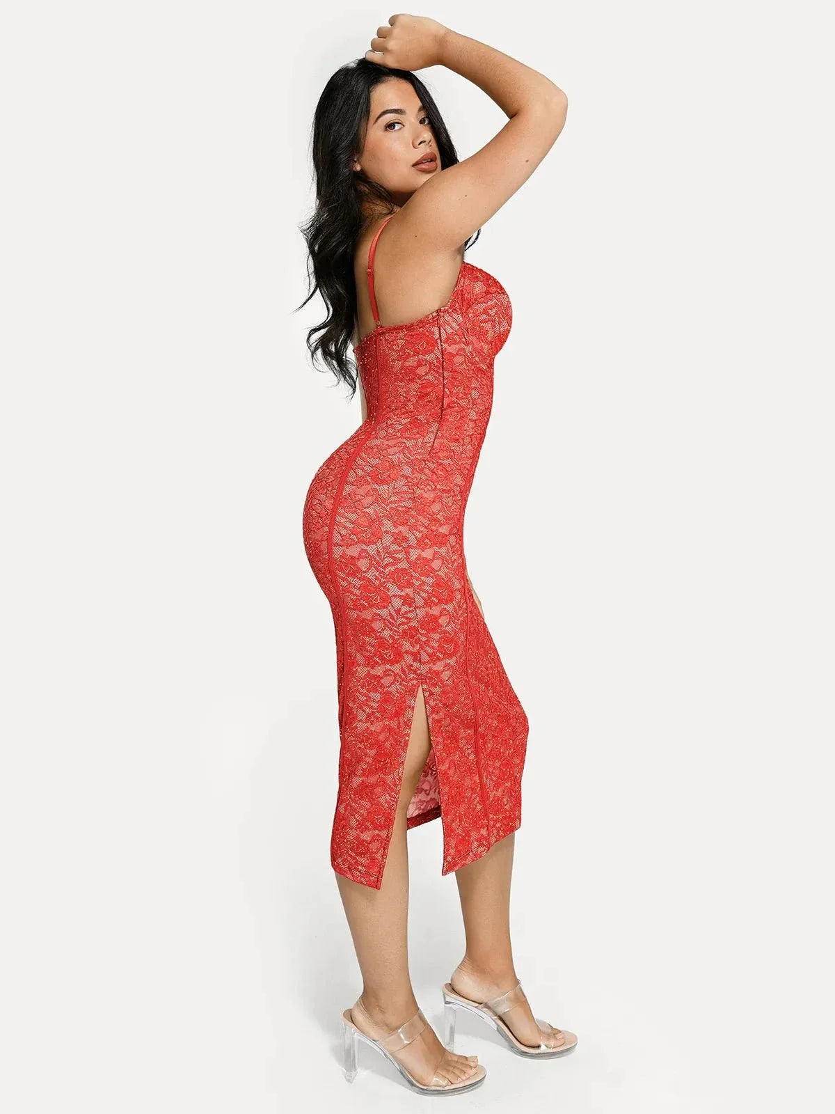 Shapewear All-Lace Hourglass Corset Side Slit Midi Dress