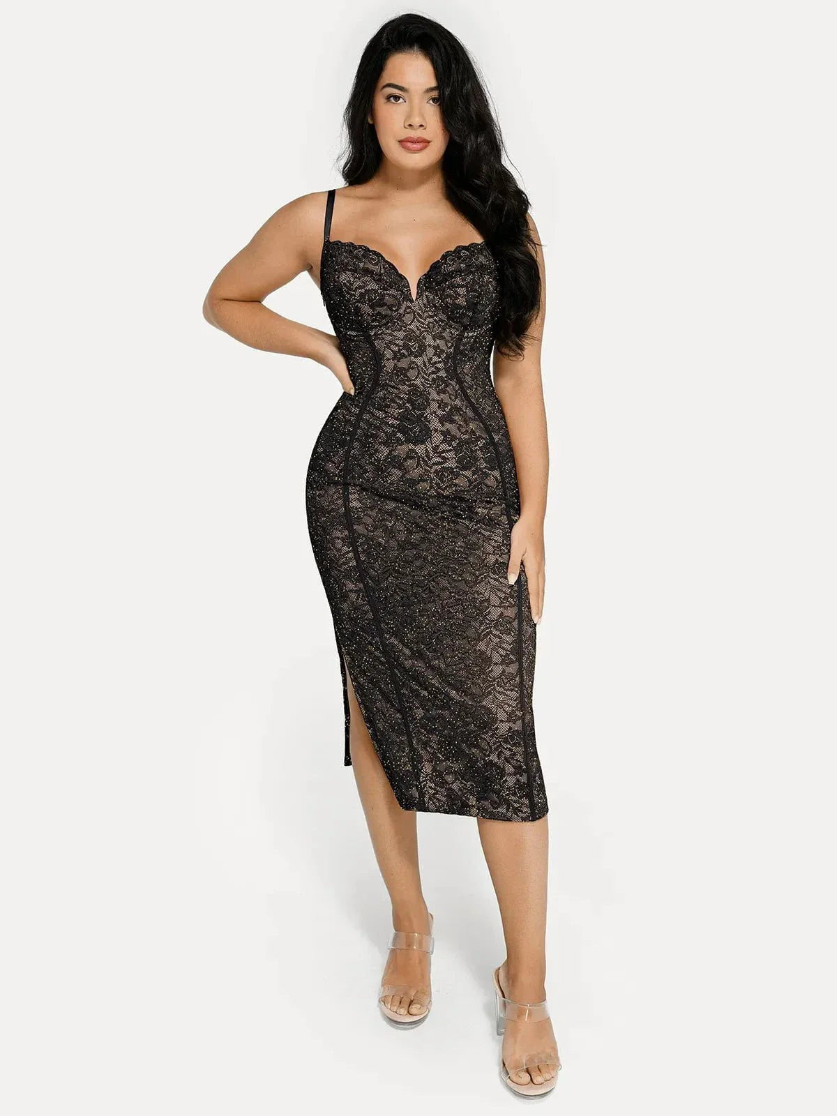 Shapewear All-Lace Side Slit Hourglass Corset Midi Dress