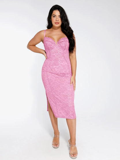 Shapewear All-Lace Side Slit Hourglass Corset Midi Dress