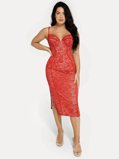 Shapewear All-Lace Side Slit Hourglass Corset Midi Dress